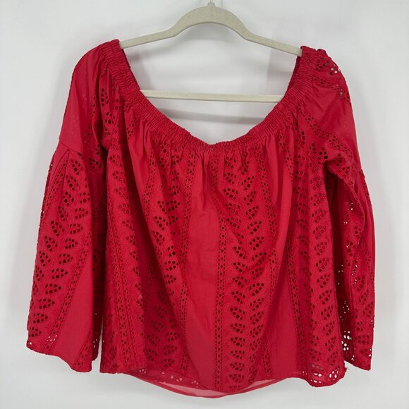 Express Off Shoulder Eyelet Blouse Top L Womens Flare Bell Long Sleeves Red NEW - Picture 2 of 9